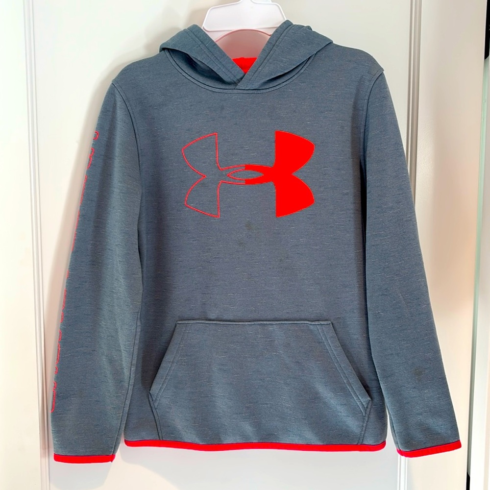 Unisex Under Armour pullover hoodie sweatshirt in blue/gray & neon pink